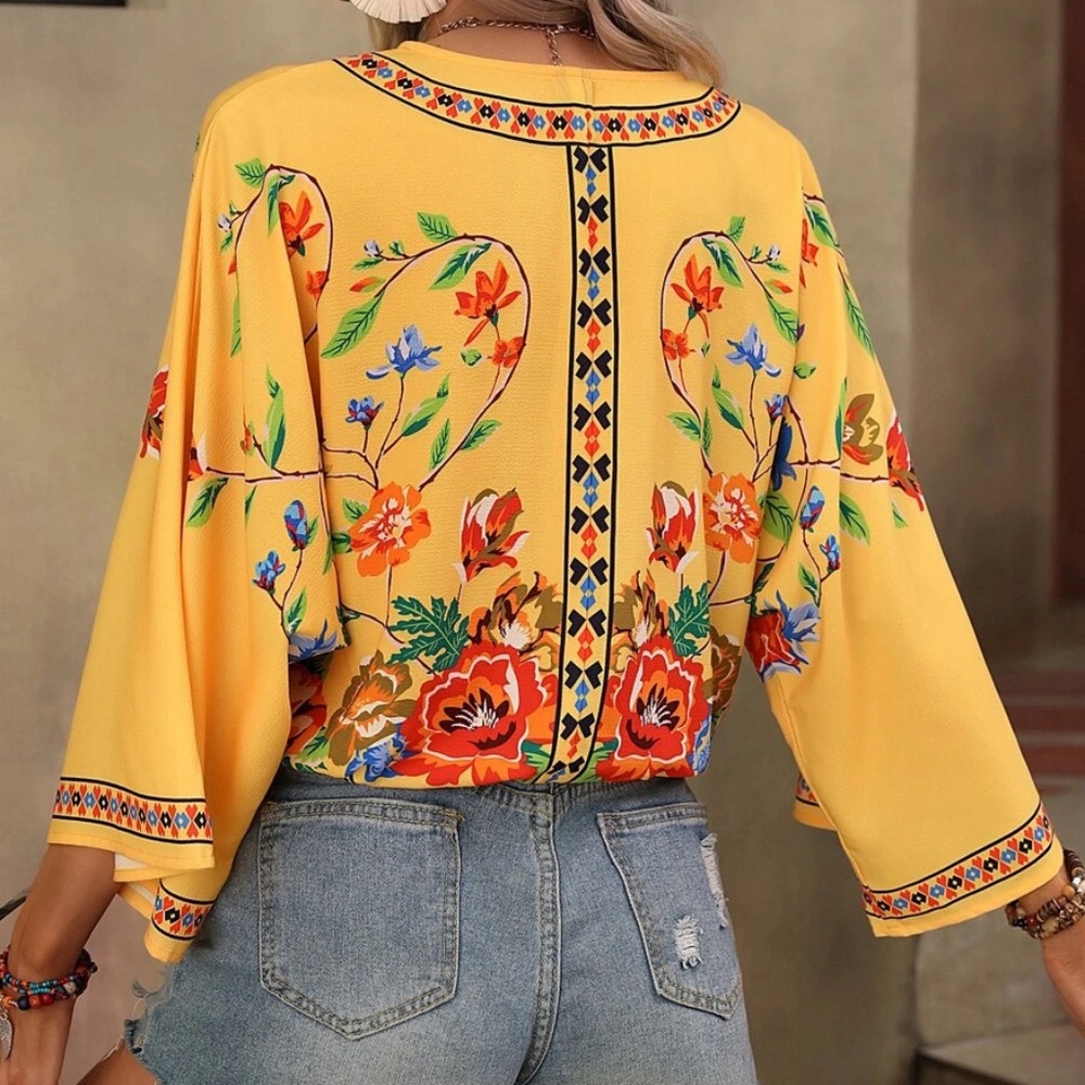 Boho Floral Print Kimono Sleeve Blouse - Picture 7 of 8